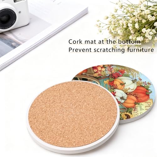 6Pcs Fall Pumpkin Coasters with Holder, Sunflower Truck Ceramic