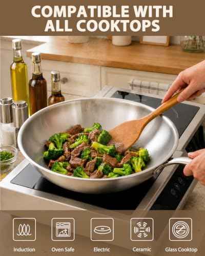 13-Inch Tri-Ply Stainless Steel Wok Pan with Lid | Detachable handle