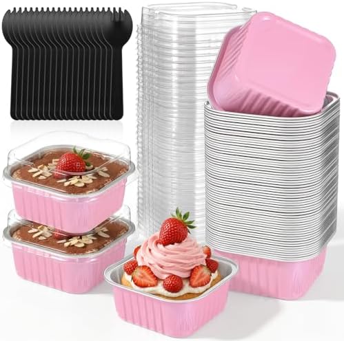 60 Pack 5oz Mini Cake Pans with Lids Aluminum Foil Square Baking Cups