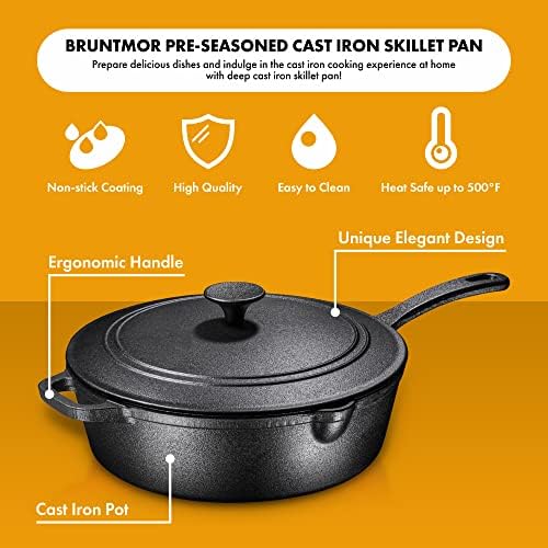Bruntmor 5 Qt Cast Iron Sauté Pan with Lid