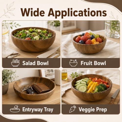 3 Pcs Walnut Wooden Bowls Set, 8.7", 6.3", 5.5" Large Wooden Salad