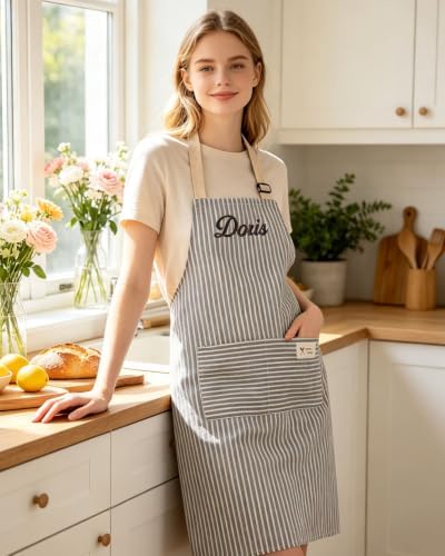 Custom Embroidered Striped Kitchen Apron with Adjustable Strap & 2