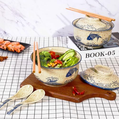 Ceramic Ramen Bowl Set, 800ml, with Lid, Spoon and Chopsticks