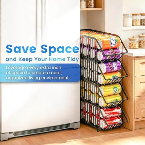 Stackable Soda Can Organizer Rack, Stacking Can Dispensers Refrigerator Organizer Bins Pop Soda Dispenser Canned For Fridge, Freezer, Kitchen, Cabinets (Black, 6)
