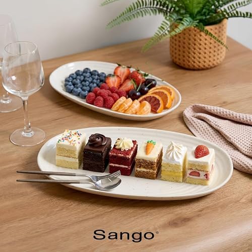 SANGO Siterra 2-Piece Speckled Stoneware Serving Platter Set- Large & Medium Ceramic Platters with Glossy Rustic Glaze for Kitchen, White Serving Dishes for Entertaining, Microwave and Dishwasher Safe