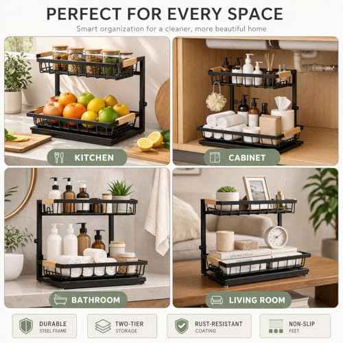 L-Shaped Adjustable 2-Tier Under Sink Organizer – Sliding Metal Storage Shelf for Kitchen & Bathroom Cabinets (Black)