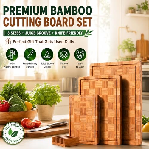 Bamboo Cutting Board Set with Juice Groove, End Grain Cutting Boards