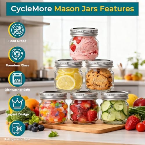 CycleMore Mason Jars 8 oz, 24 Pack Glass Canning Jars with Split Lids