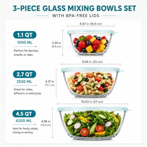 Luvan Glass Mixing Bowls with Lids Set(4.5QT, 2.7QT, 1.1QT)-Large