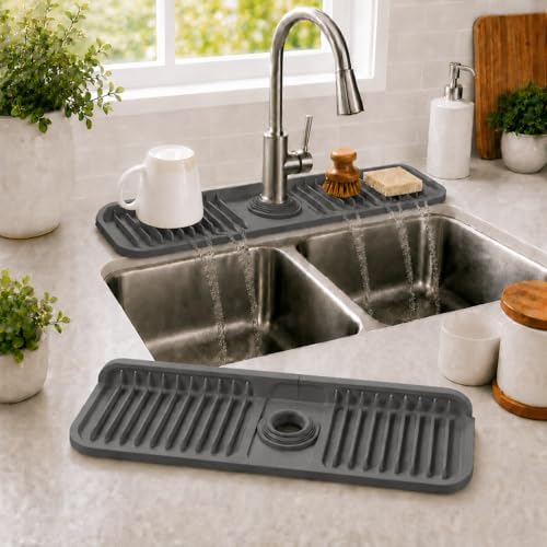 17.7" Silicone Faucet Mat for Kitchen Sink,7° Draining Mat with Snap
