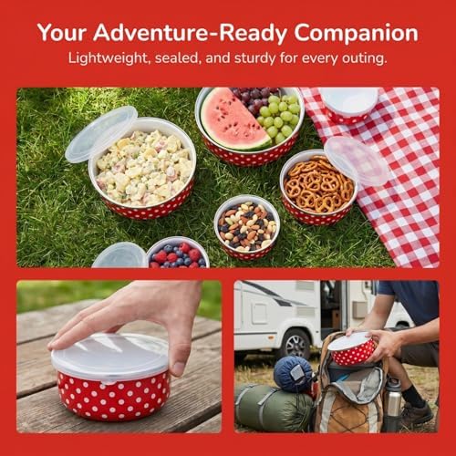 Milisten 5-Piece Enamel Bowls with Lids, Retro Nesting Food Storage