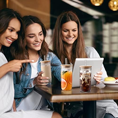 Iced Coffee Cups with Lids,Glass Cups with Lids and Straws,4 Coffee