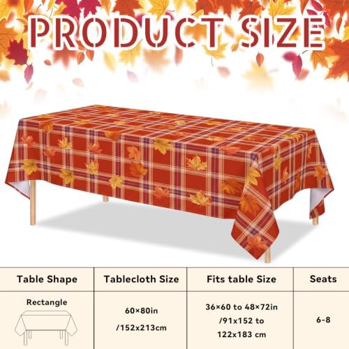 Irenare Fall Tablecloth 60 x 84 Inch, Tartan Plaid Maple Leaves