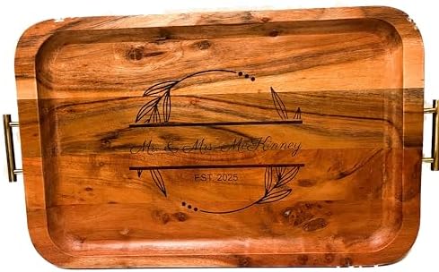 Customized Monogram Acacia Wood Tray with Handles
