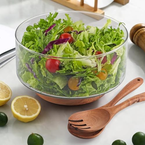 MDLUU Large Glass Salad Bowl with Wood Utensils Set, Serving Bowls for