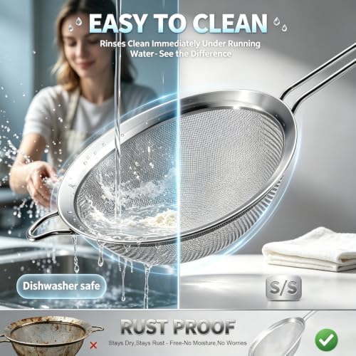 Fine Mesh Strainer Set of 3 - Stainless Steel Sieve with Handles for