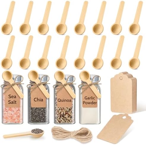 MORGLES 20Pcs Small Wooden Spoons Set, 3" Tasting Spoon with Tags &