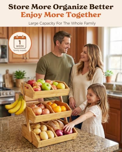 Sevenblue 3-Tier Bamboo Fruit Basket with 2 Banana Holders