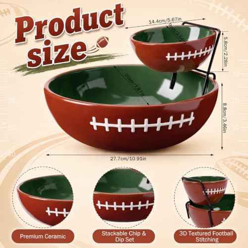 Domensi Ceramics 2 Tier Football Chip and Dip Bowl Serving Set with Stand