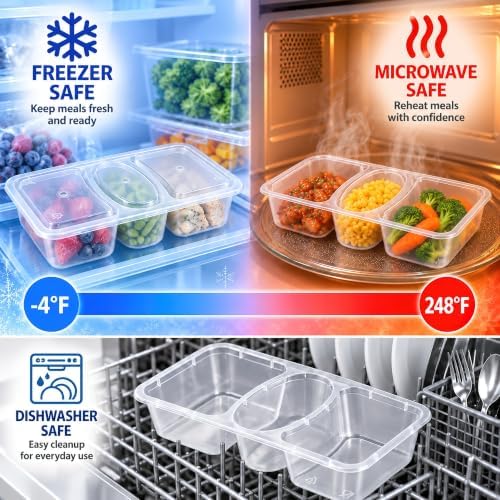HI-REEKE 8 OZ New 3 Compartment Snack Containers, 20 Sets Bigger