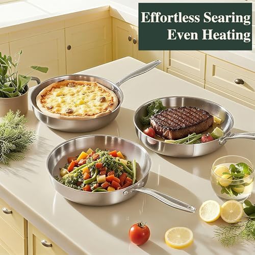 12 Inch Tri-Ply Stainless Steel Frying Pan, Frying Pan with Lid