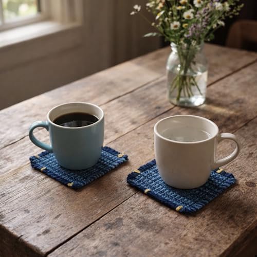 Boho Woven Coasters for Coffee Table Decor - Set of 6, Absorbent Blue