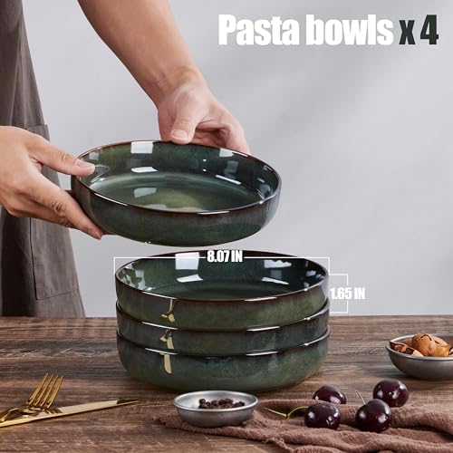 E-far Stoneware Pasta Bowls Set of 4, 35oz Double Reactive Glaze