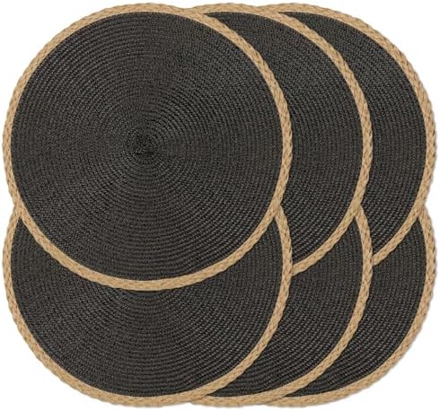 Round Placemats Set of 6, Woven Table Mats, Thin Edge, Black