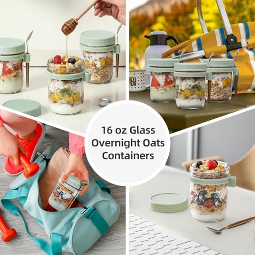 6 Pack Overnight Oats Containers with Lids and Spoons, 16 oz Glass