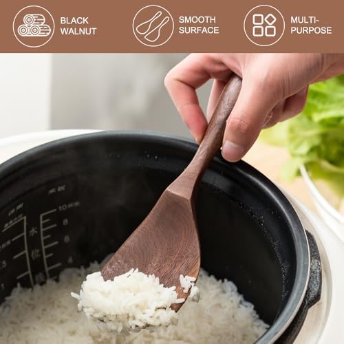 Black Walnut Wooden Cooking Spoons Set - 1 Flat + 1 Angled Rice