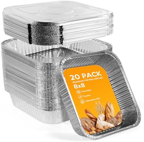 8"x8" Disposable Aluminum Foil Pans with lid - 20 Pack Square Baking
