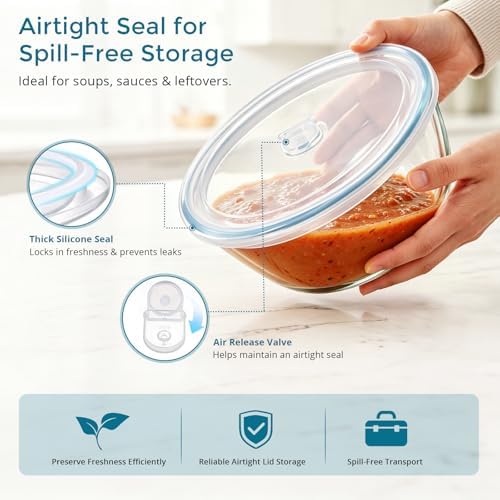 E-far Glass Mixing Bowls with Airtight Lids Set for Prep Salad Serving