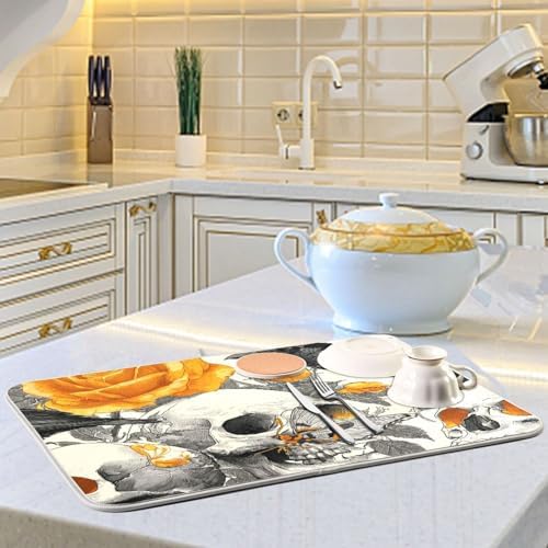 OTVEE Skull and Flower Mix Dish Drying Mat for Kitchen Counter