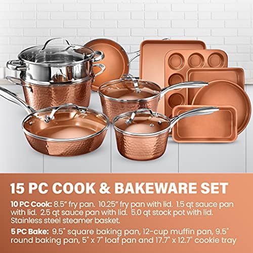 Gotham Steel Hammered Copper Collection – 15 Piece Premium Cookware &