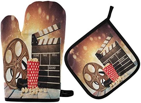 QMXO Retro Film Popcorn Movie Clapboard Wooden Oven Mitts Quilted