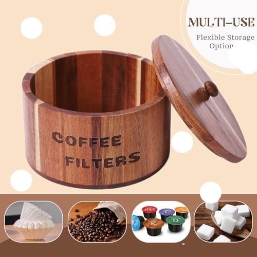 Natural Acacia Wood Coffee Filter Holder with Lid, Multi-Use