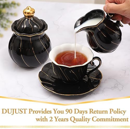 DUJUST Black Cream & Sugar Set, Luxury British Design in Golden Trims