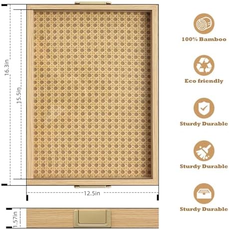 YWMSGM Rattan Woven mesh Surface Wood Serving Tray with Metal Handles