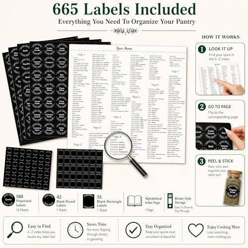 665 Spice Labels Book with A-Z Index, Black Round Pantry Stickers