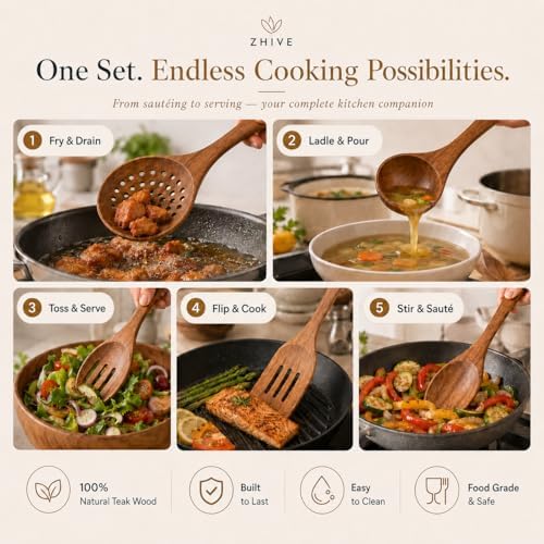 9-Piece Natural Teak Wooden Utensil Set with Spoon Rest