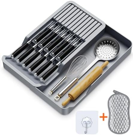 Kitchen Knife Drawer Organizer Grey, In Drawer Knife Block Holder with