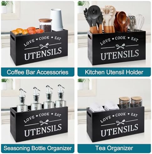 Black Extra Large Wood Cooking Utensil Holder Kitchen Spatula Spoon