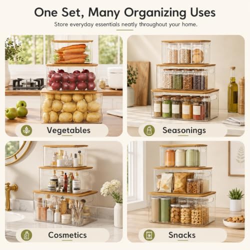 3 Pack Pantry Organizers and Storage Bins with Bamboo Lids,Trash Bag