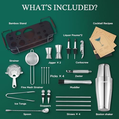 KITESSENSU Boston Shaker Set with Stand | Complete 24-Piece Bartender