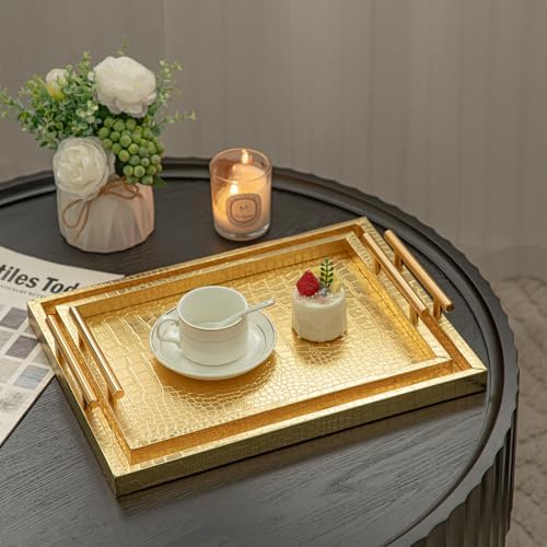 Modern Elegant Large Wood Serving Tray, Set of 2 Gold Crocodile