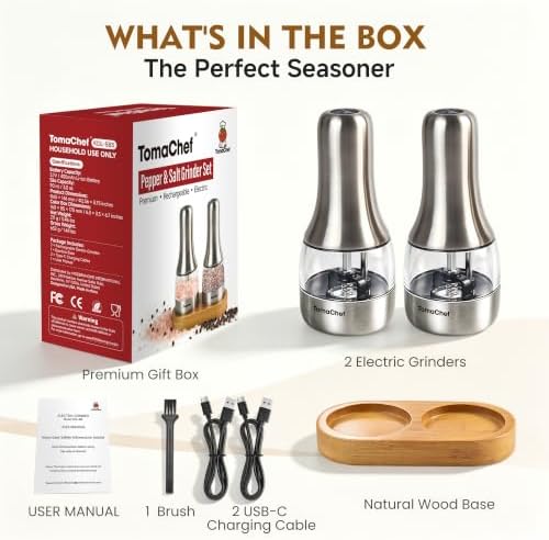 Electric Salt and Pepper Grinder Set, USB-C Rechargeable