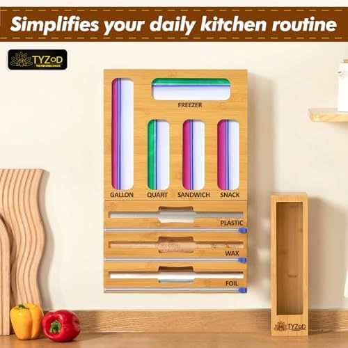 9-in-1 Bamboo Storage Bag Organizer with Cutter, Kitchen Drawer & Wall