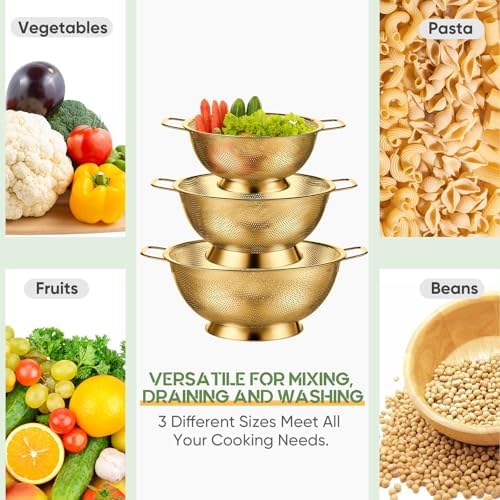 Bokon 3 Pcs Stainless Steel Colander Set Metal Mesh Strainers, Gold