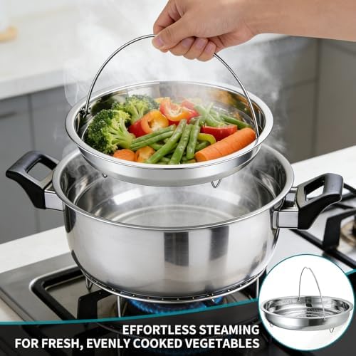 Broccoli Steamer Basket, Stainless Steel Vegetable Steamer Basket, for Steaming Food, with Foldable Handle and Stable Stand, Fine Steam Holes, Non-Rust, Ideal for Veggie and Most Pots