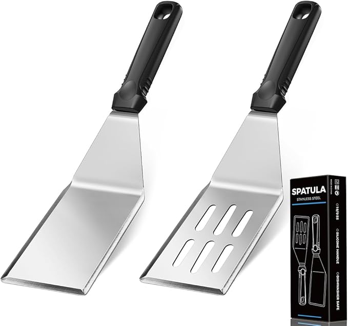 11.8-in 18/0 Stainless Steel Spatulas, Silicone Non-slip Handle, Brushed Metal by MUJINON